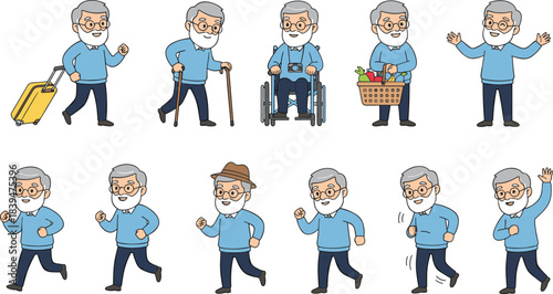 Cute elderly man character set displaying various daily activities such as traveling, walking, shopping, exercising, running, and expressing emotions in a cheerful lifestyle