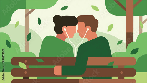 Illustration Of Couple Sitting Shoulder-To-Shoulder On A Park Bench Vector Design Template