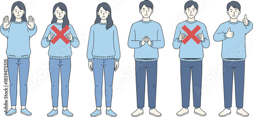 Illustration of men and women showing various hand gestures for approval and rejection, expressing communication, decision-making, emotional responses, and clear visual instructions