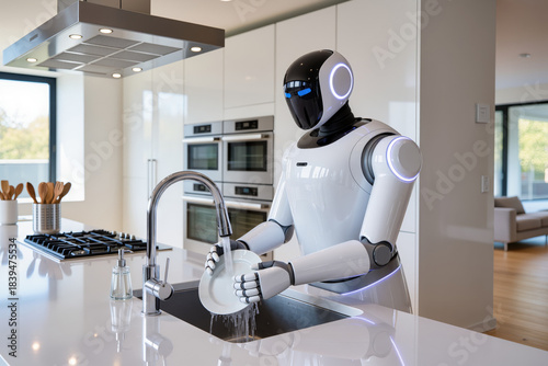 Robot assistant at work: dishwashing duty in a sleek kitchen