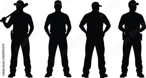 Silhouettes of a man in various strong poses holding a bat and standing confidently, representing strength, authority, security, toughness, and masculine posture