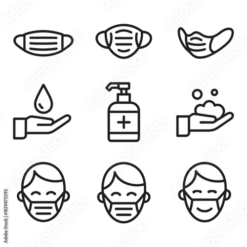 Essential hygiene icons featuring protective face masks hand sanitizer and proper washing for health safety