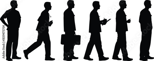 Silhouettes of men in various professional poses walking, standing, carrying items, and illustrating business movement, workflow actions, teamwork, and occupational activities
