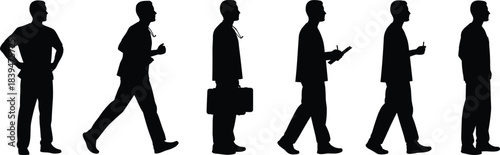 Silhouettes of men in various professional walking and standing poses, illustrating business movement, workflow tasks, teamwork concepts, occupational actions, and simple figure outlines