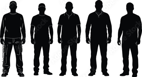 Silhouettes of men standing in various casual poses wearing different outfits, representing lifestyle, fashion, posture variations, modern male figures, and simple body outlines
