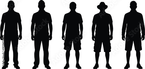 Silhouettes of men standing in various casual poses wearing shorts, hats, and shirts, representing summer fashion, relaxed lifestyle, body posture, and simple figure outlines