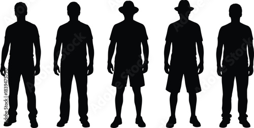 Silhouettes of men standing in various casual poses wearing shorts, hats, and T-shirts, representing summer fashion, relaxed lifestyle, posture variations, and simple figure outlines
