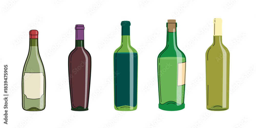 Fototapeta premium Sort od different wine bottles in flat minimalistic modern style. Best for restaurant wine menu designs. Vector illustrations collection.