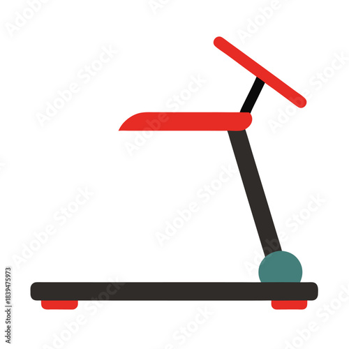 Flat design treadmill with red and black colors on white background Keywords: treadmill