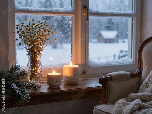 Zwei Kerzen brennen an einem Fenster im Wohnzimmer, daneben steht eine Vase mit getrockneten Blüten, Ein Sessel mit Decke ist zu sehen
