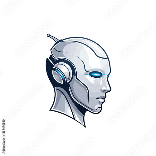 Futuristic robot head with glowing blue eyes and antenna vector on isolated  white background