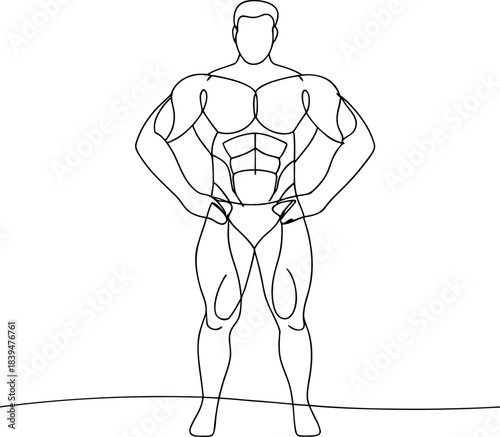 Continuous line drawing of a muscular strong man bodybuilder showing off his powerful athletic physique on transparent background