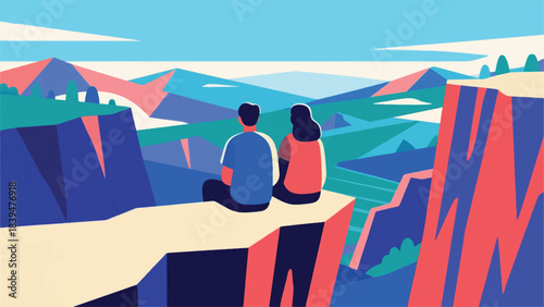 Illustration Couple Sitting On The Edge Of A Stylized Cliff Or Mountain, Quietly Looking Out At A Stunning Landscape Vector Design Template