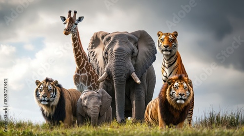 Wild animals elephant, giraffe, lions, tiger, young elephant on grassy hill