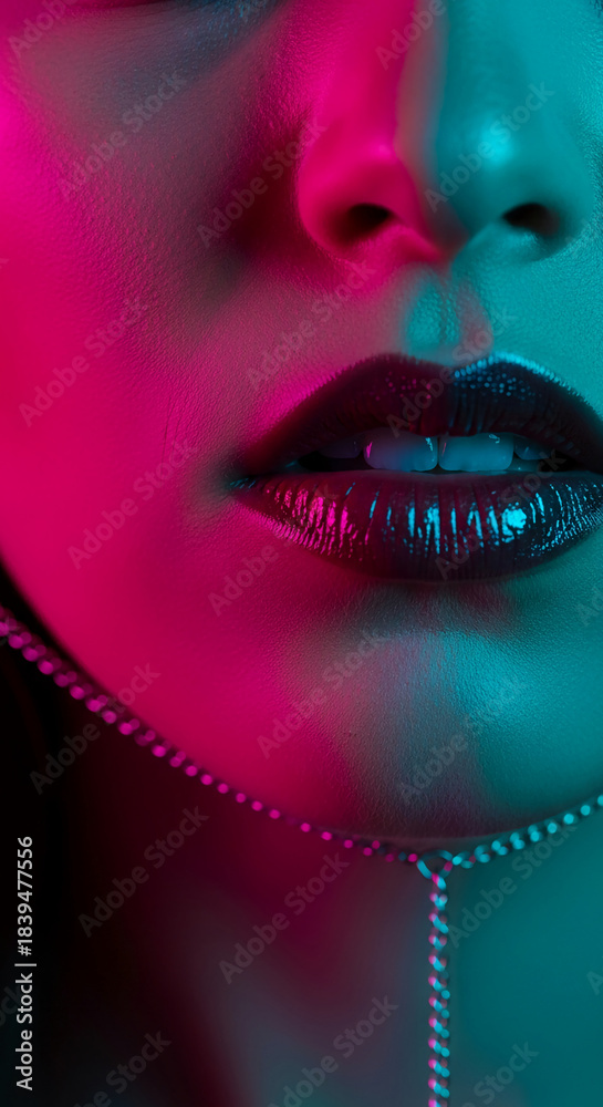 Fototapeta premium Close-up of a face with glossy lips under pink and cyan light, representing beauty, cosmetics, or nightlife concepts, with chain detail