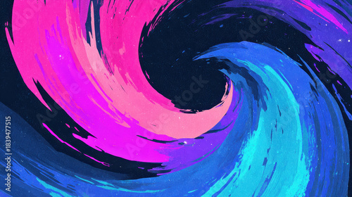 vibrant abstract swirl of neon pink, electric blue, and violet, resembling cosmic energy or emotion, fluid motion captured in still frame