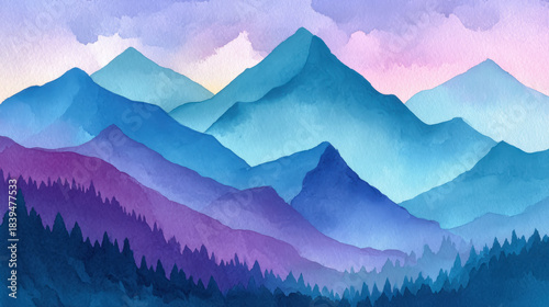 watercolor wash of layered mountains in gradient blues and purples, misty peaks fading into sky, peaceful and meditative