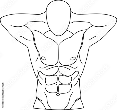 Minimalist black outline drawing of a strong muscular male torso bodybuilder posing showing definition