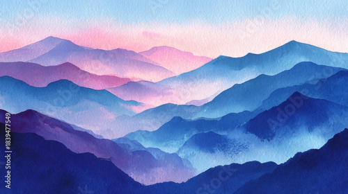 watercolor wash of layered mountains in gradient blues and purples, misty peaks fading into sky, peaceful and meditative
