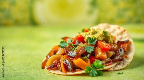 Bright green background framing a colorful veggie taco with layered textures and soft inviting glow

