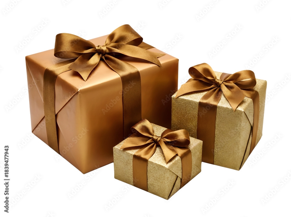 Fototapeta premium golden gift boxes with ribbon isolated on transparent background 