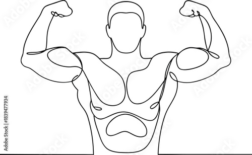 Minimalist continuous line art drawing of a strong muscular man flexing his biceps