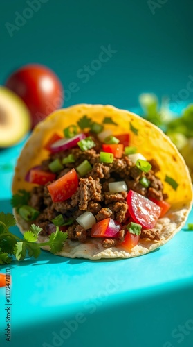 Bright cyan background with a detailed street taco featuring vibrant toppings and smooth lighting
