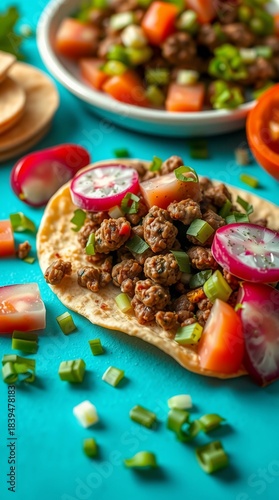 Street taco on bright cyan background with bold layers fresh herbs and soft highlights for a lively street inspired feel
