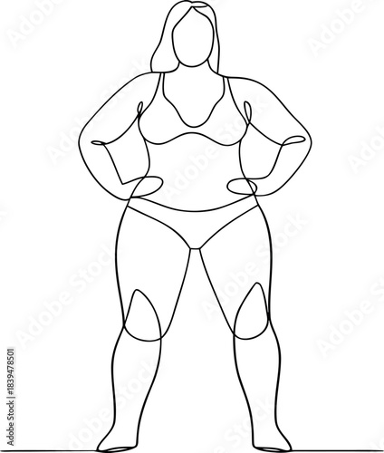 Minimalist continuous line drawing of a confident plus size woman posing proudly in a swimsuit on transparent background