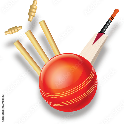 Cricket ball bat and stumps with bails flying