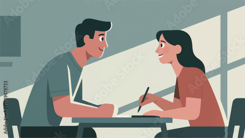 Illustration Of Two People Making Eye Contact Across A Room After One Has Silently Helped The Other With A Task Vector Design Template