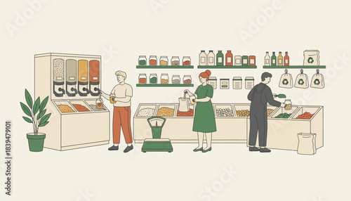 A zerowaste shop with customers filling their containers with products showcasing a shopping experience devoid of packaging waste.