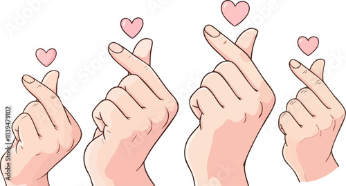 Four stylized hands forming the popular korean finger heart gesture with small pink hearts floating above them
