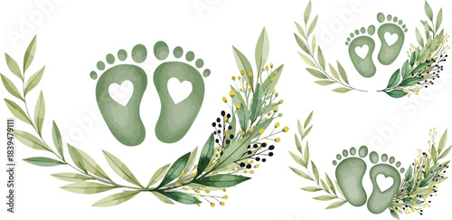 Delicate watercolor baby footprint wreaths in soft green foliage perfect for newborn announcements and nursery art