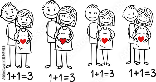Stick figure couples celebrating pregnancy with hearts showing one plus one equals three concept