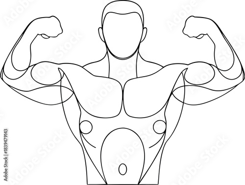 Muscular man flexing biceps showing strength and power through a minimalistic line art illustration depicting healthy lifestyle