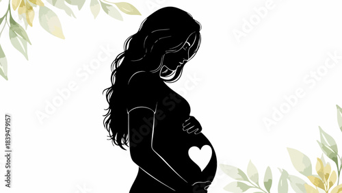 Elegant black silhouette of a pregnant woman holding her belly with a heart detail