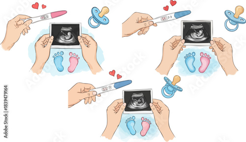 Hands holding pregnancy tests and ultrasound images showing gender reveal possibilities for babies