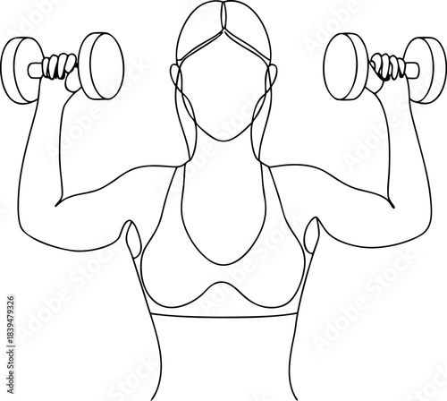 Simple continuous line art drawing of a fit woman performing weightlifting exercises with dumbbells for strength training