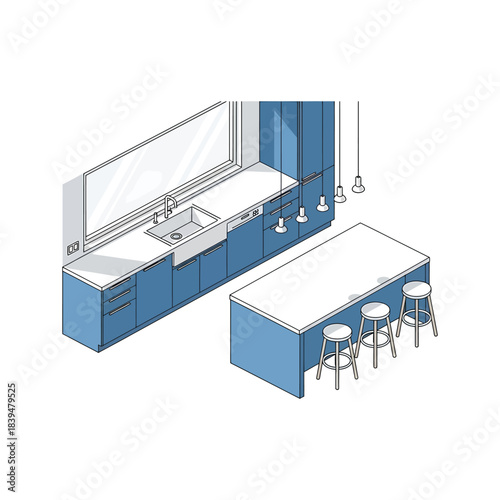 Modern Blue Kitchen Interior Design, Isometric View with Island and Sink