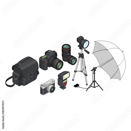 Photography gear set camera, lenses, tripod, flash, umbrella, bag