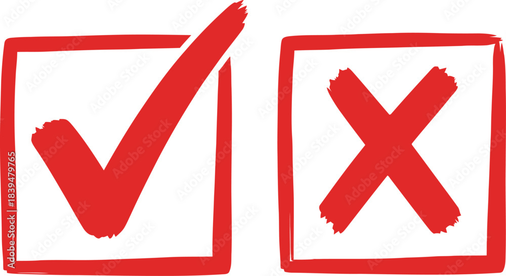 Obraz premium Red hand-drawn checkmark and cross in boxes, decision concept Vector