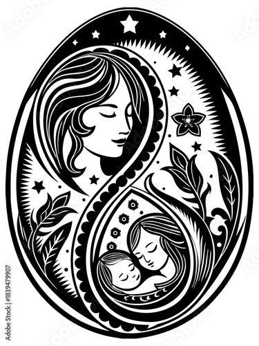 Stylized Mother and Child Bonding in Black and White Oval Frame
