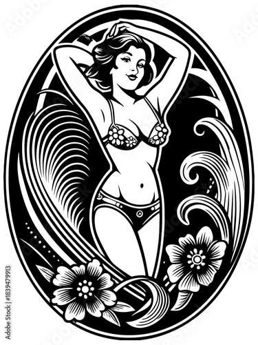 Seductive Pin-up Woman Sitting in Ornate Black and White Oval Frame