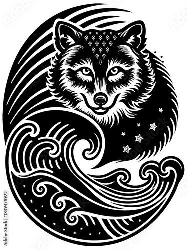 Stylized Wolf Head on a Swirling Water Wave Engraving Design