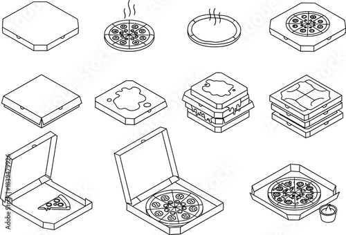 Isometric pizza box and slice line art icon set illustration Vector