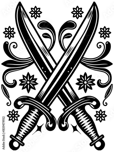 Crossed Daggers Tattoo Style Design with Floral Decoration