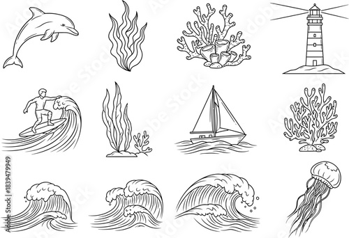 Ocean marine life and sea elements vector line art collection Vector
