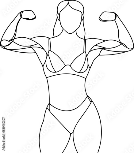 Strong fit woman flexing her muscular arms in a bikini showing body confidence and healthy lifestyle line art