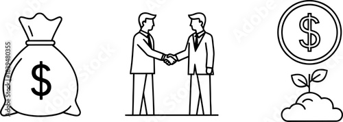 Business partnership, financial growth, and wealth concept icon set Vector